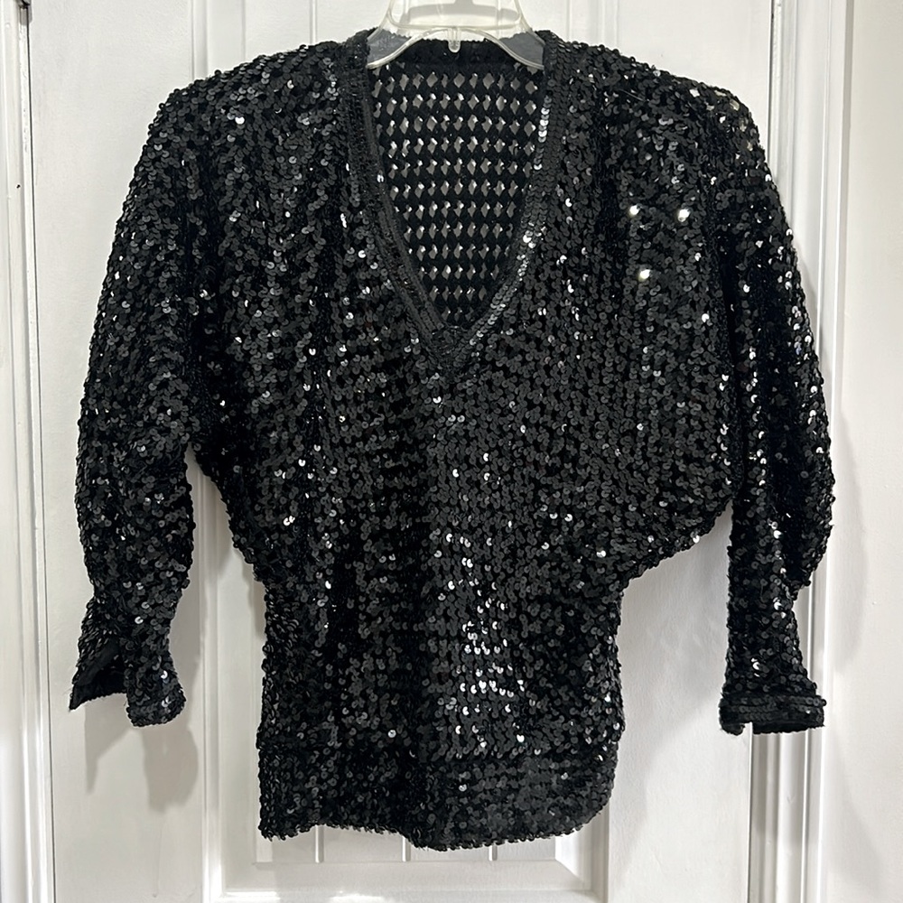 VINTAGE Neiman Marcus Black long sleeve sequined sweater V-neck luxury blouse